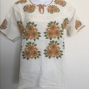 Cotton hand embroidered beige blouse XL petite
